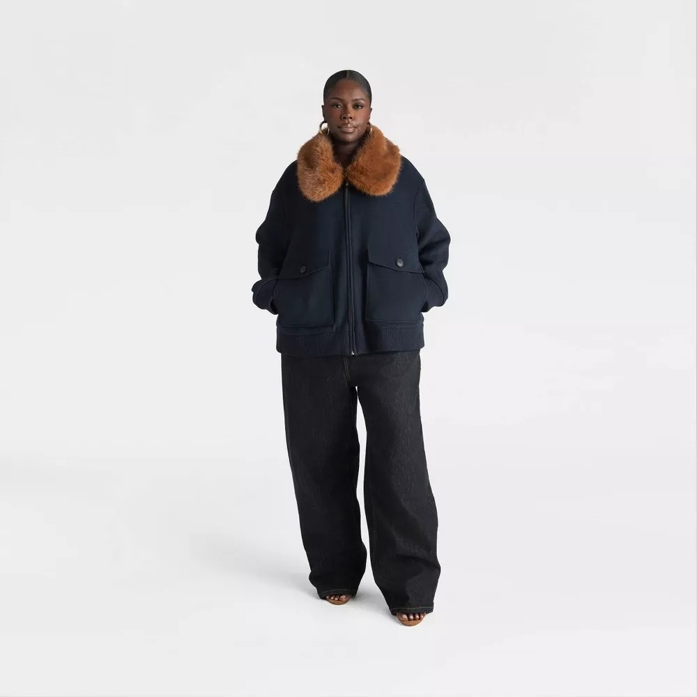 KBB by KAHLANA x Target XXL The Faux Fur Collar Bomber Coat Jacket Navy Blue - Picture 4 of 9